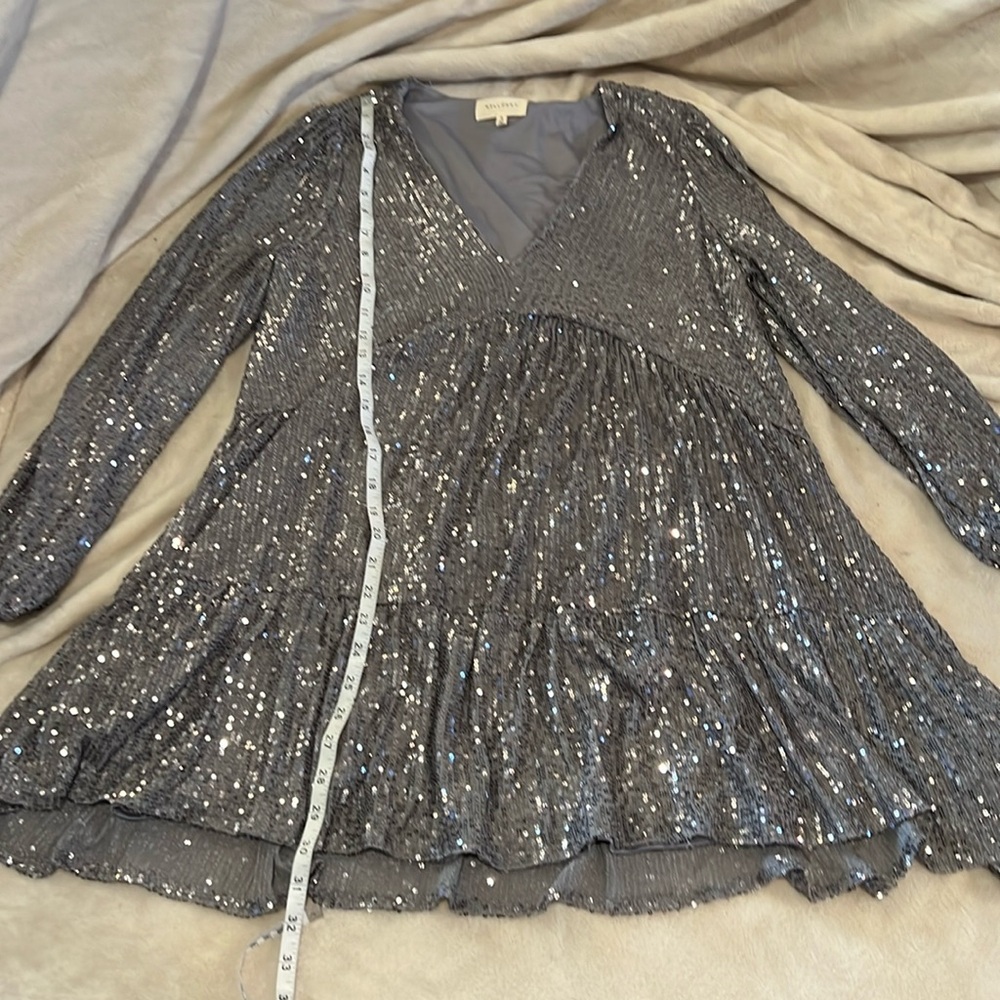 Melloday Light Gray Silver Sequin Babydoll Dress